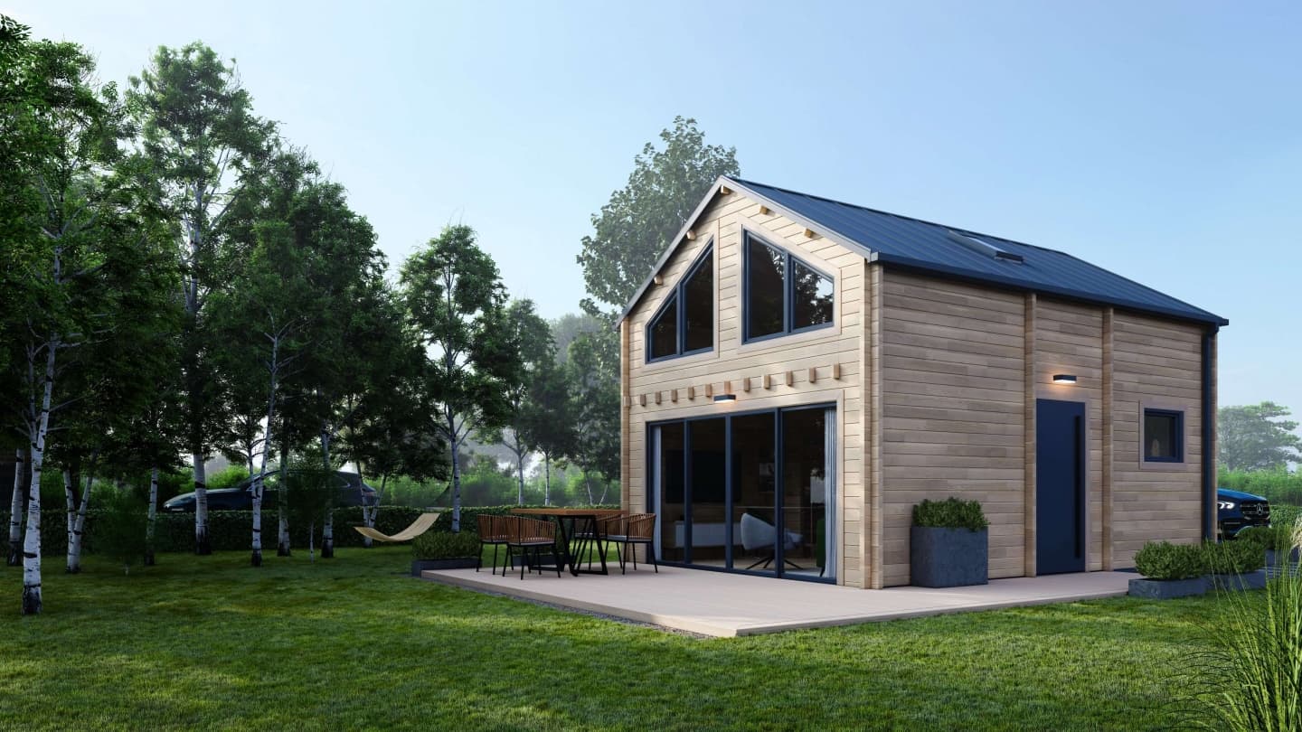 Dom drewniany typu stodoła — 5 × 7 m, 35 m² zabudowy, z piętrem — ALTANKA prosta spółka akcyjna