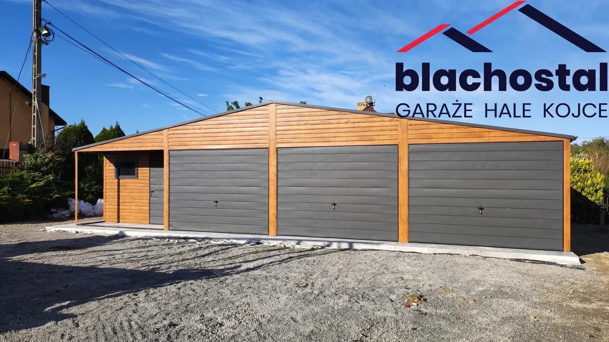 Garaż z pomieszczeniem gospodarczym 12×6 m, złoty dąb + ciemny grafit — Blachostal (Dawid Malec)