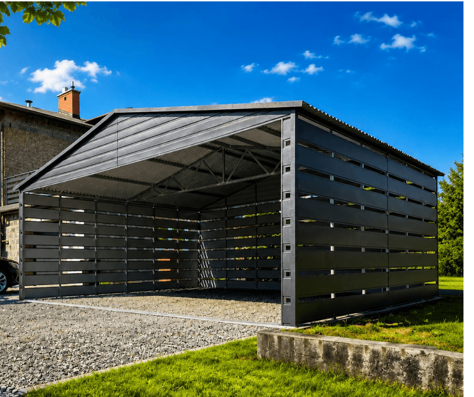 Wiata garażowa carport 6×5 m dwuspadowa, antracyt, profil zamknięty — model domu