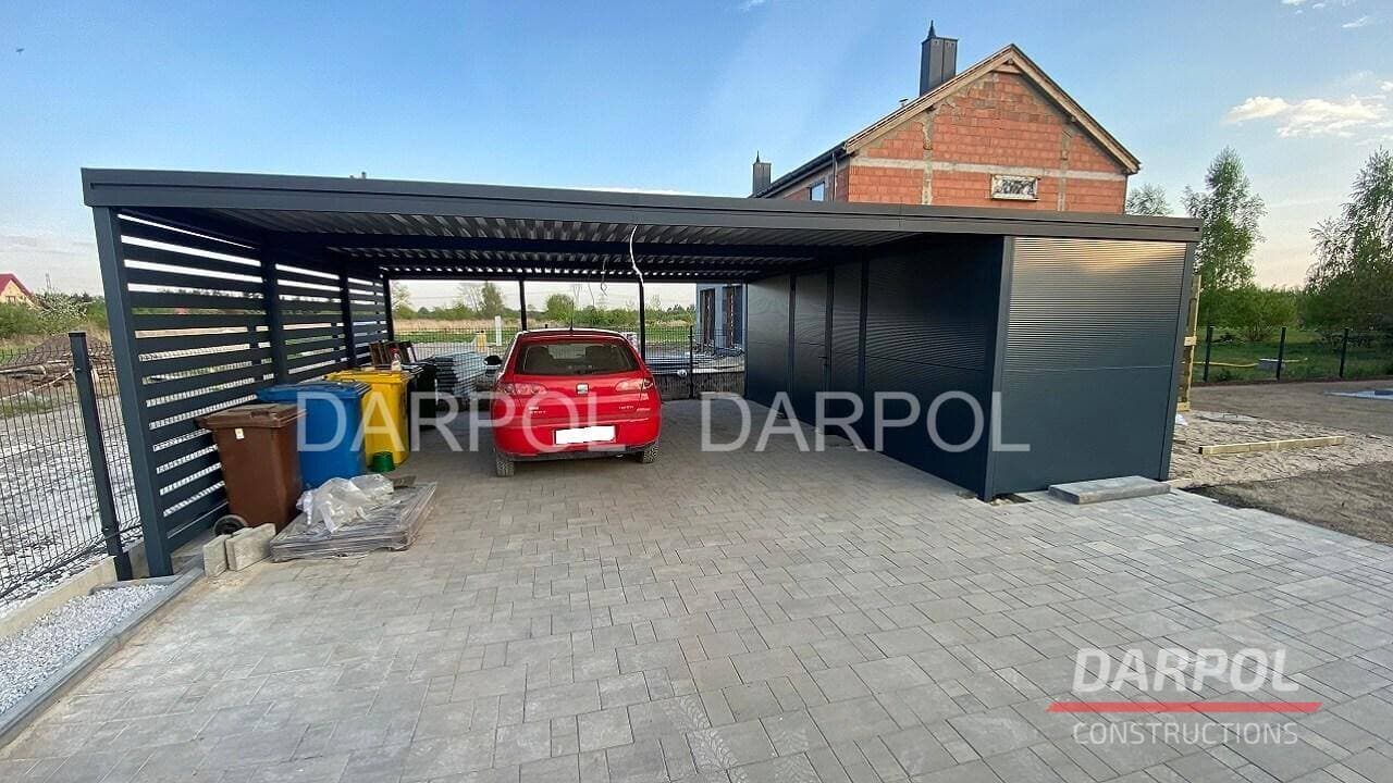 Wiata garażowa dwustanowiskowa z pomieszczeniem gospodarczym 7 × 5 m — Darpol Pomorze