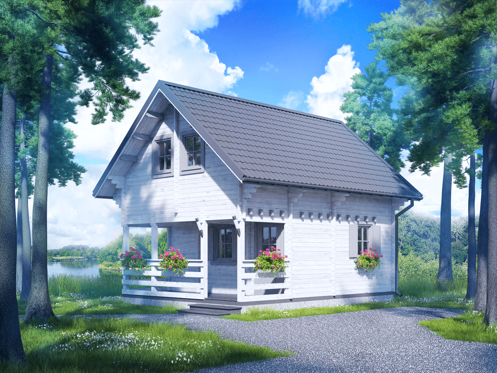 Domek piętrowy z bala Gracja — 5,2 × 6,8 m z tarasem — model domu