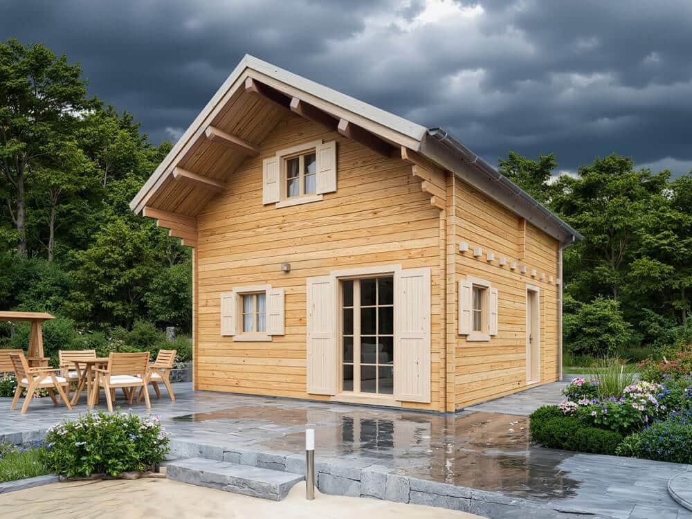 Domek rekreacyjny z bali Júlia — 5,5 × 6,5 m, 58,7 m² (2 kondygnacje) — Drevodom Orava s.r.o.