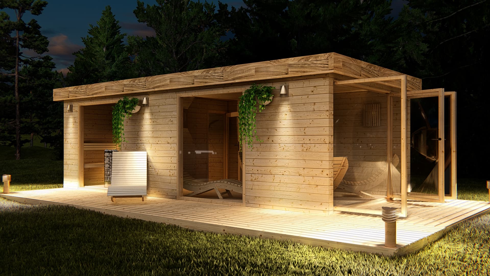 Sauna ogrodowa Cube z przedsionkiem — 3,70 × 8,00 m — Filanest (Altrinis Sp. z o.o.)