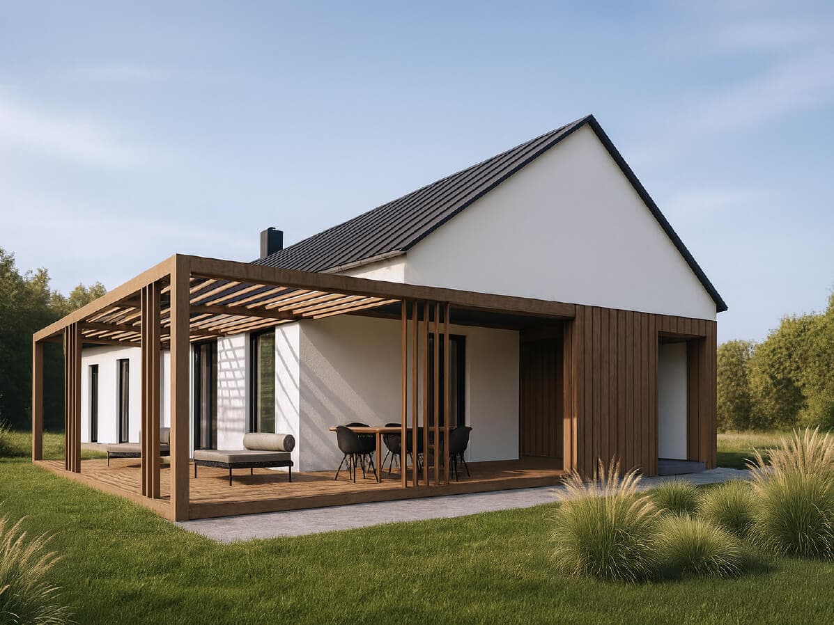 Dom szkieletowy Zagóra z tarasem i pergolą — 112,8 m² — Galan Construction sp. z o.o.