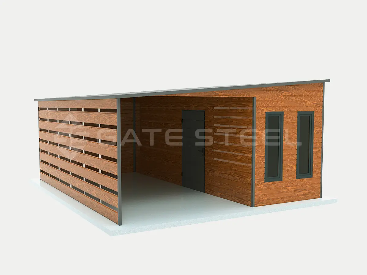 Wiata carport 5×6 m z pomieszczeniem gospodarczym — model domu