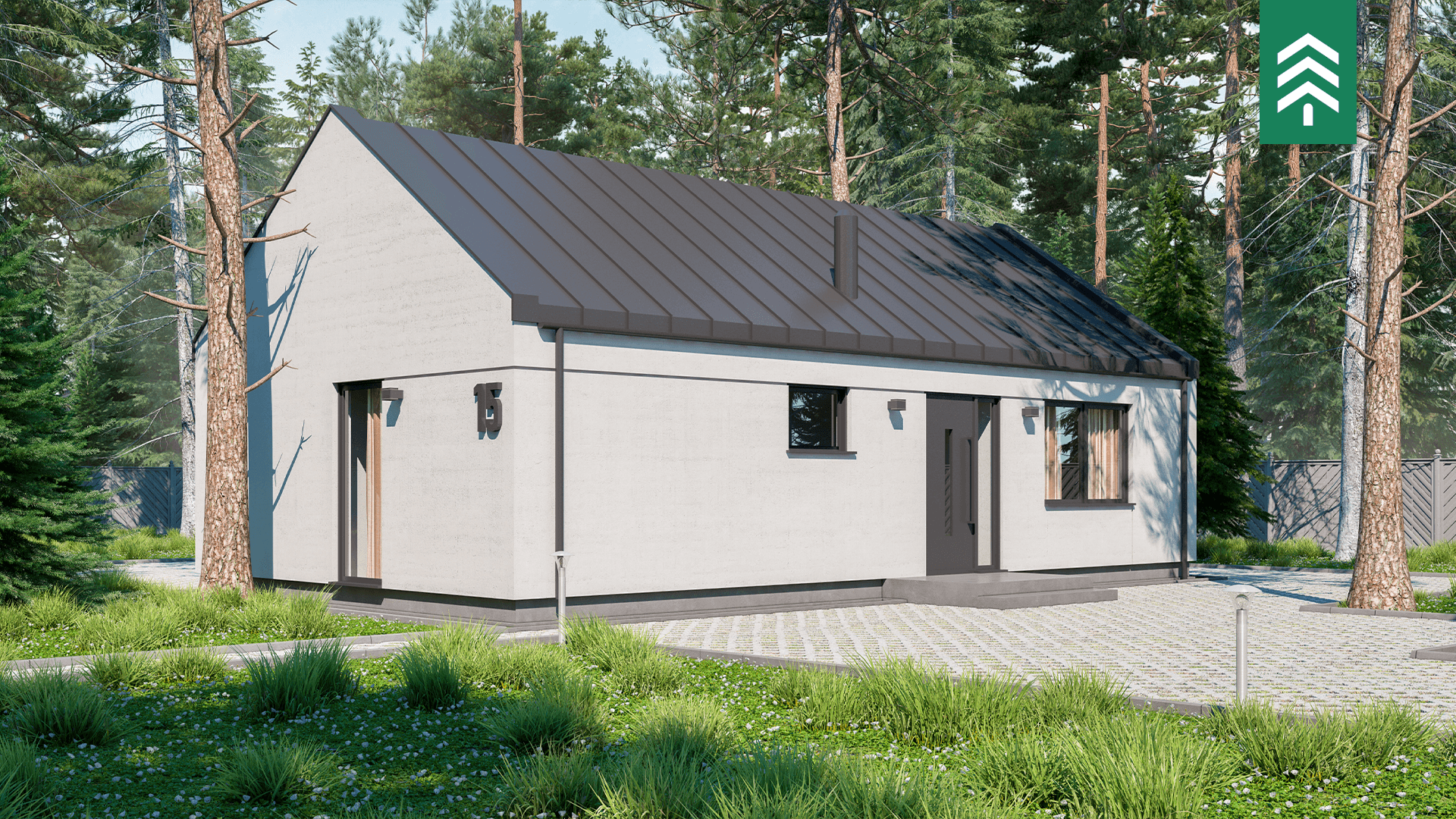 Dom prefabrykowany Crux — parterowy, trzy sypialnie, 75,3 m² — model domu