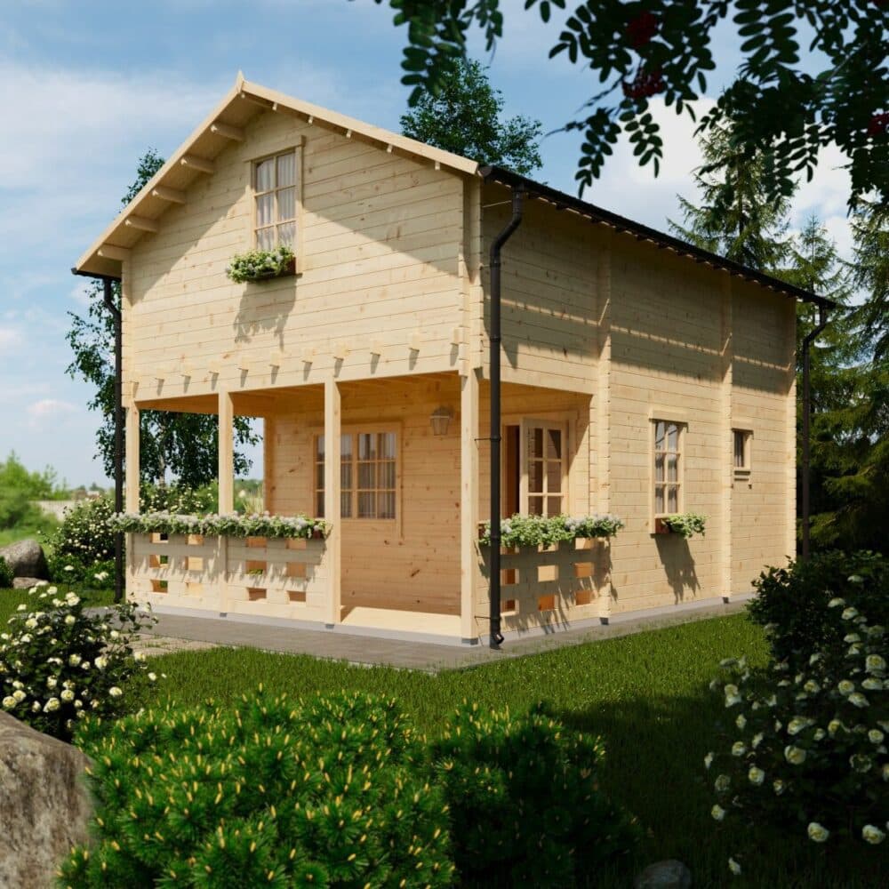 Domek z bala Lord 5x7 z poddaszem — 47,8 m² + taras 9,1 m² — model domu