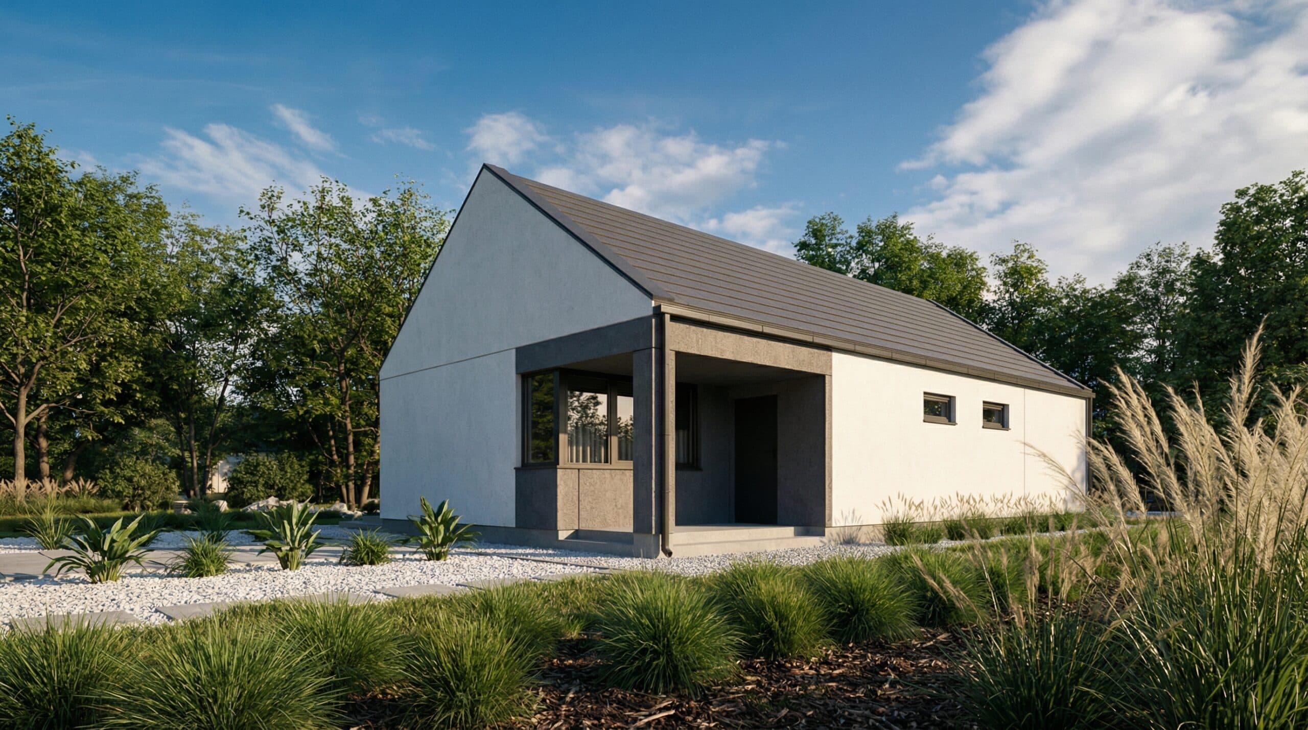 Dom prefabrykowany MAB020 — parterowy z podcieniami, 83 m² — MABUDO S.A.