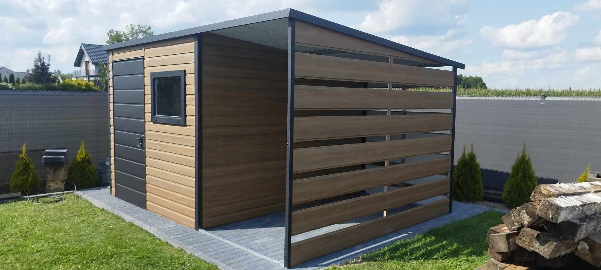 Domek ogrodowy 3,5 × 2 m z wiatą, drewnopodobny — MetPol Garaże Wielkopolska