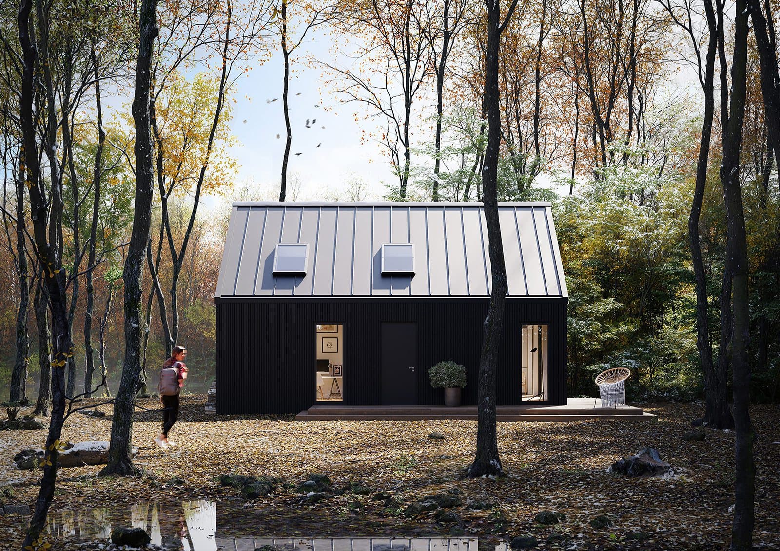 Compact Home z czarną elewacją, widok od wejścia — wizualizacja producenta