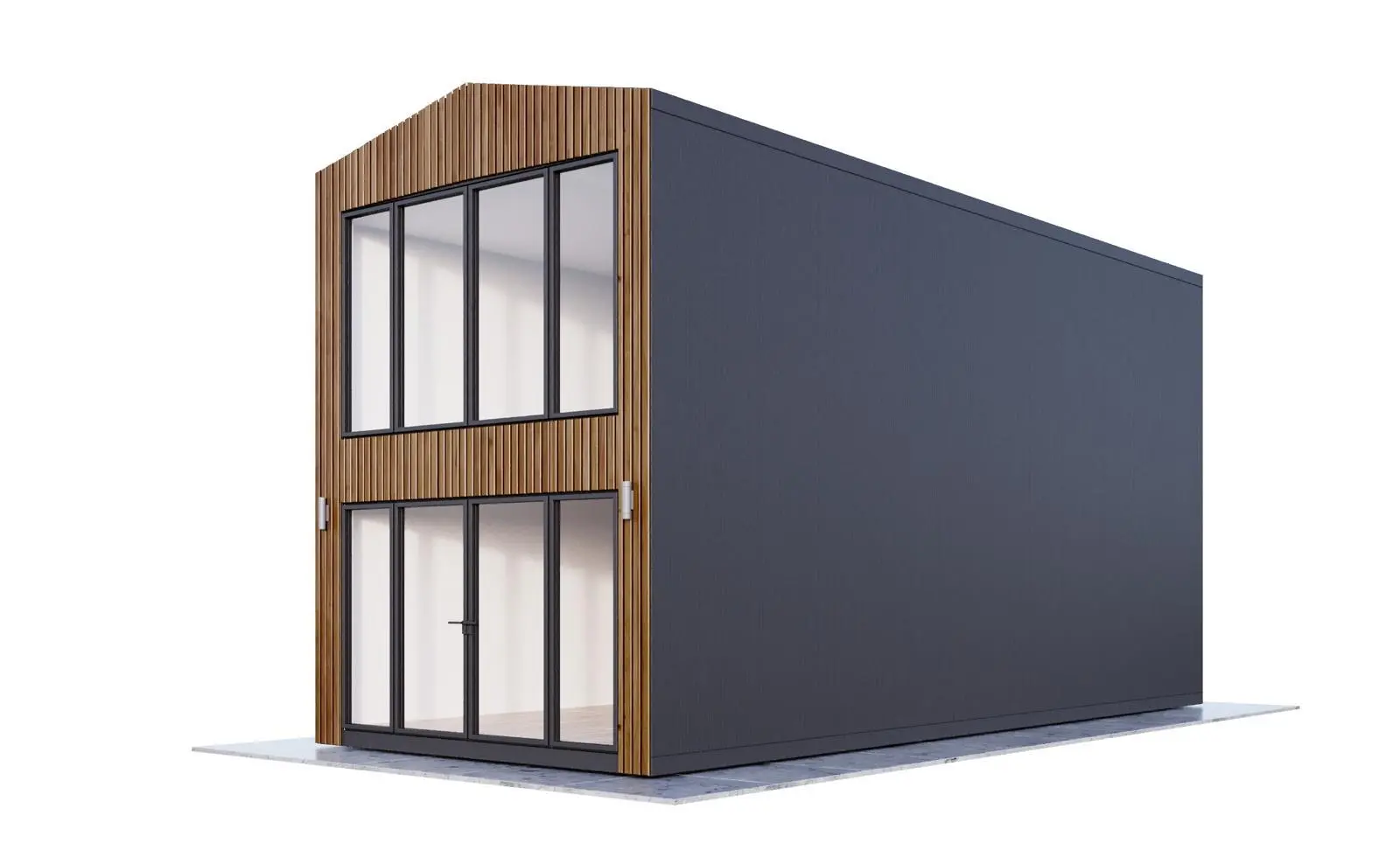 MODUVELLO 55 m² — wizualizacja producenta, przeszklony front na dwóch kondygnacjach