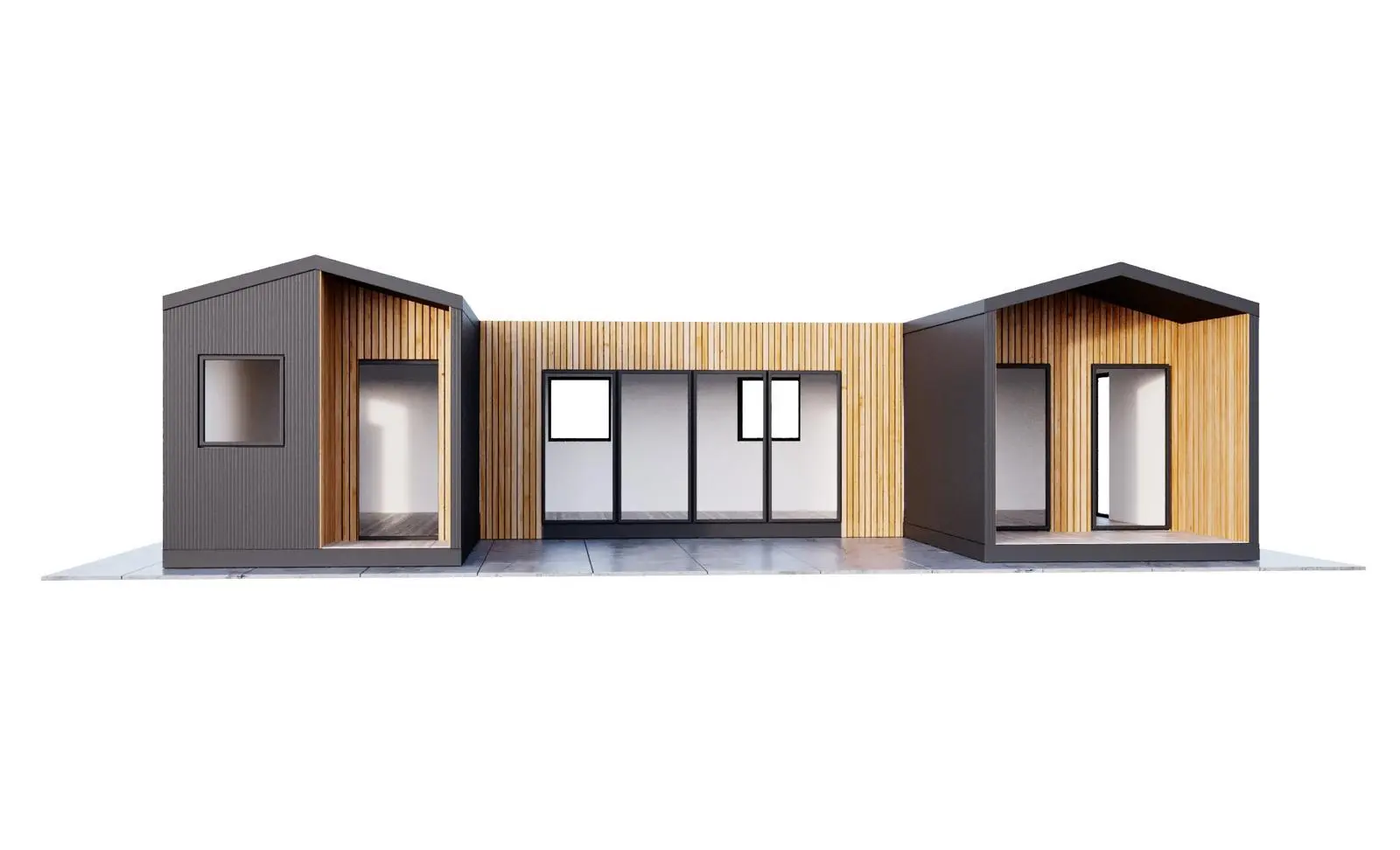 MODUVENO 57 m² — wizualizacja producenta, trzy moduły wokół patio
