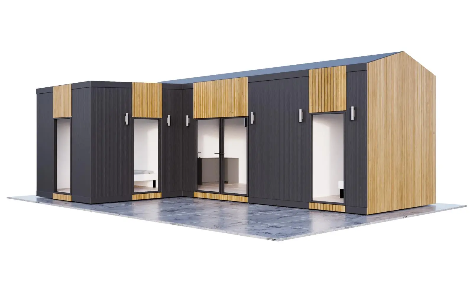 Kontener mieszkalny MODUVIA — dwa moduły w kształcie litery L, 36 m² — model domu