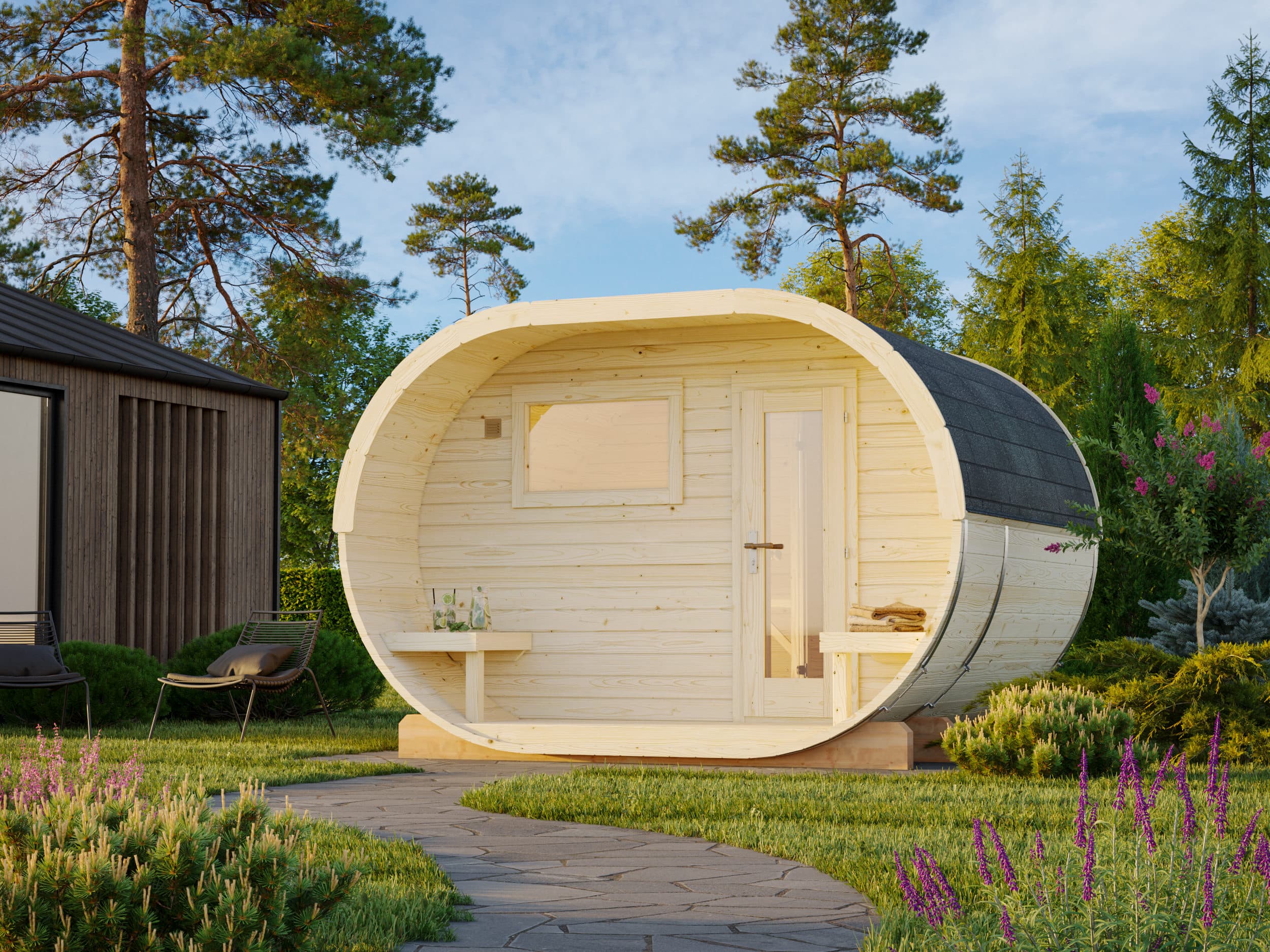 Sauna beczka Anette 3,0+1,5 m² z przedsionkiem — 3,28 × 2,74 m — Palmako AS