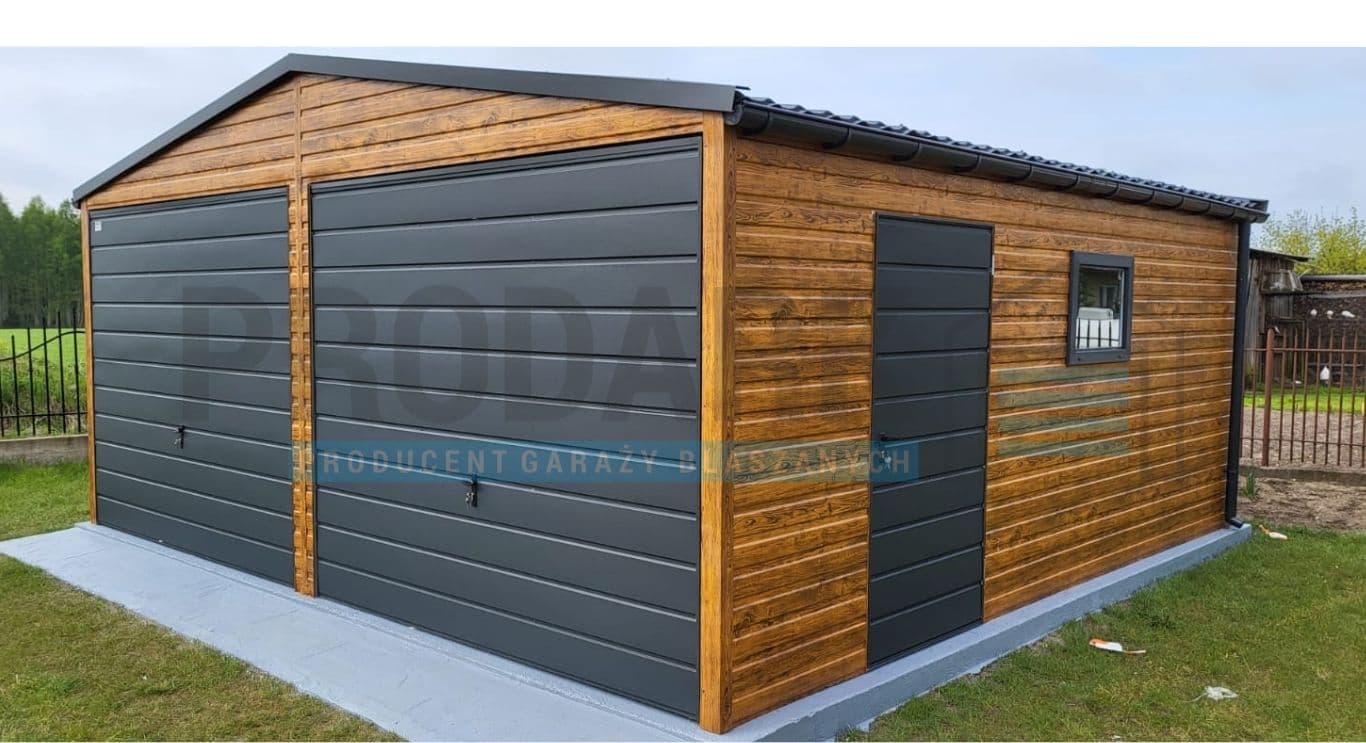 Garaż blaszany 6×5,8 m, dwuspad premium jasny orzech (2 stanowiska) — PRODARK (Dariusz Kutaj)