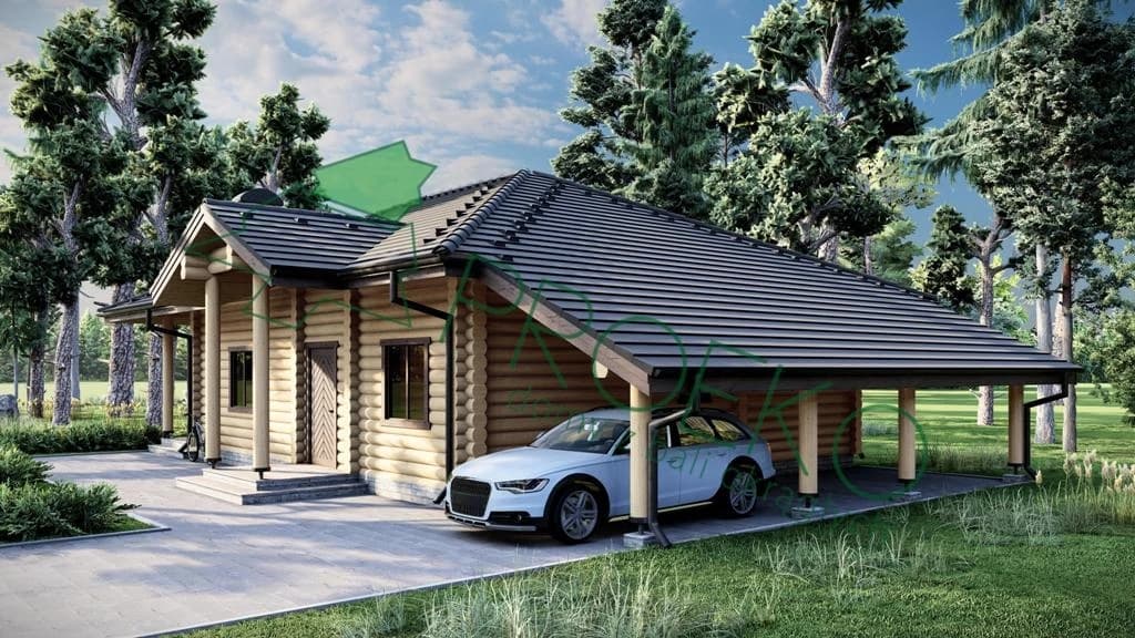 Dom parterowy z bali nr1 z wiatą garażową — 9,52 × 10,66 m — Domy z Bali PROEKO Jancarz sp. z o.o.