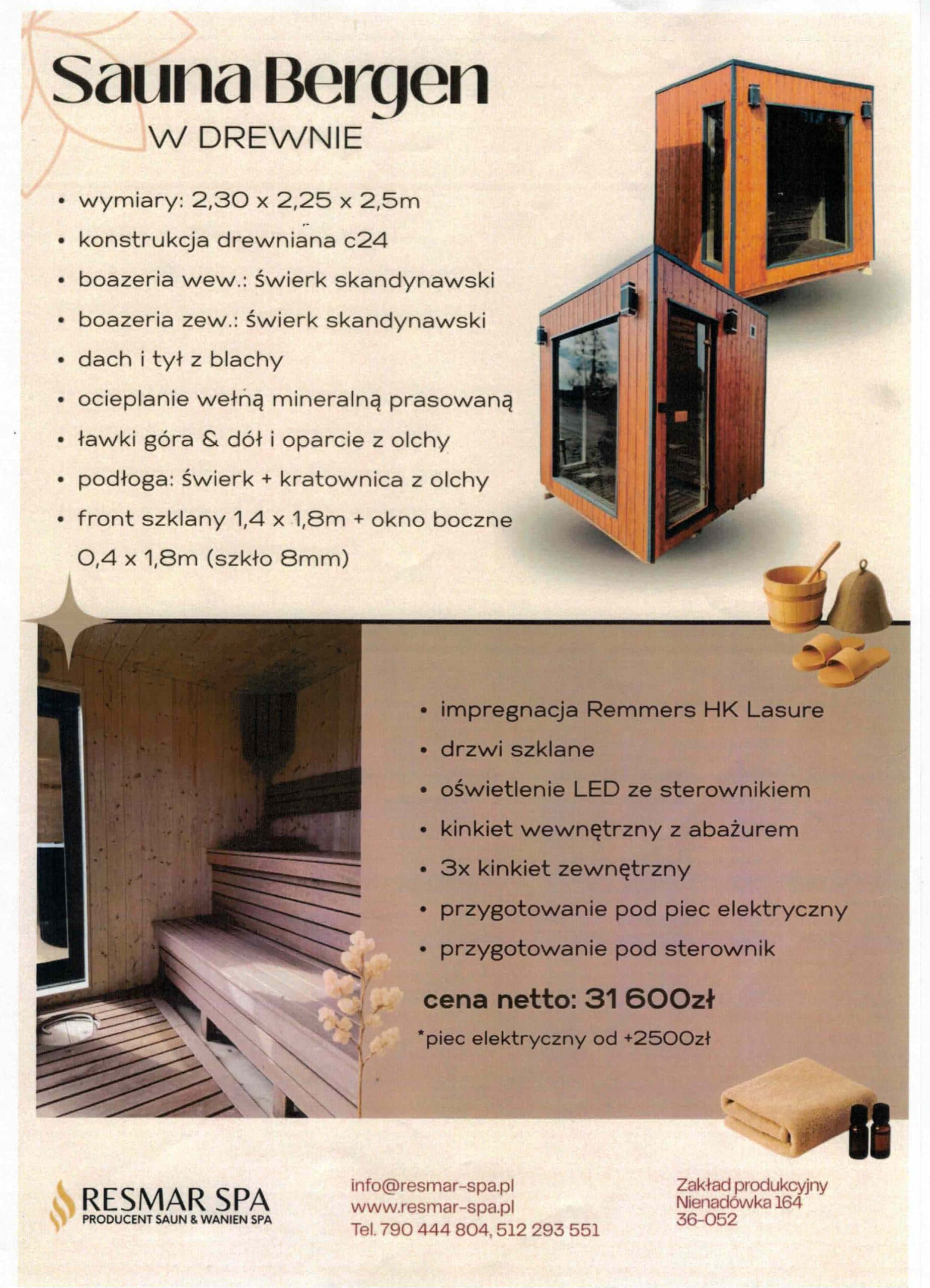 Sauna ogrodowa Bergen — 2,30 × 2,25 m — Resmar SPA Zenon Marszał