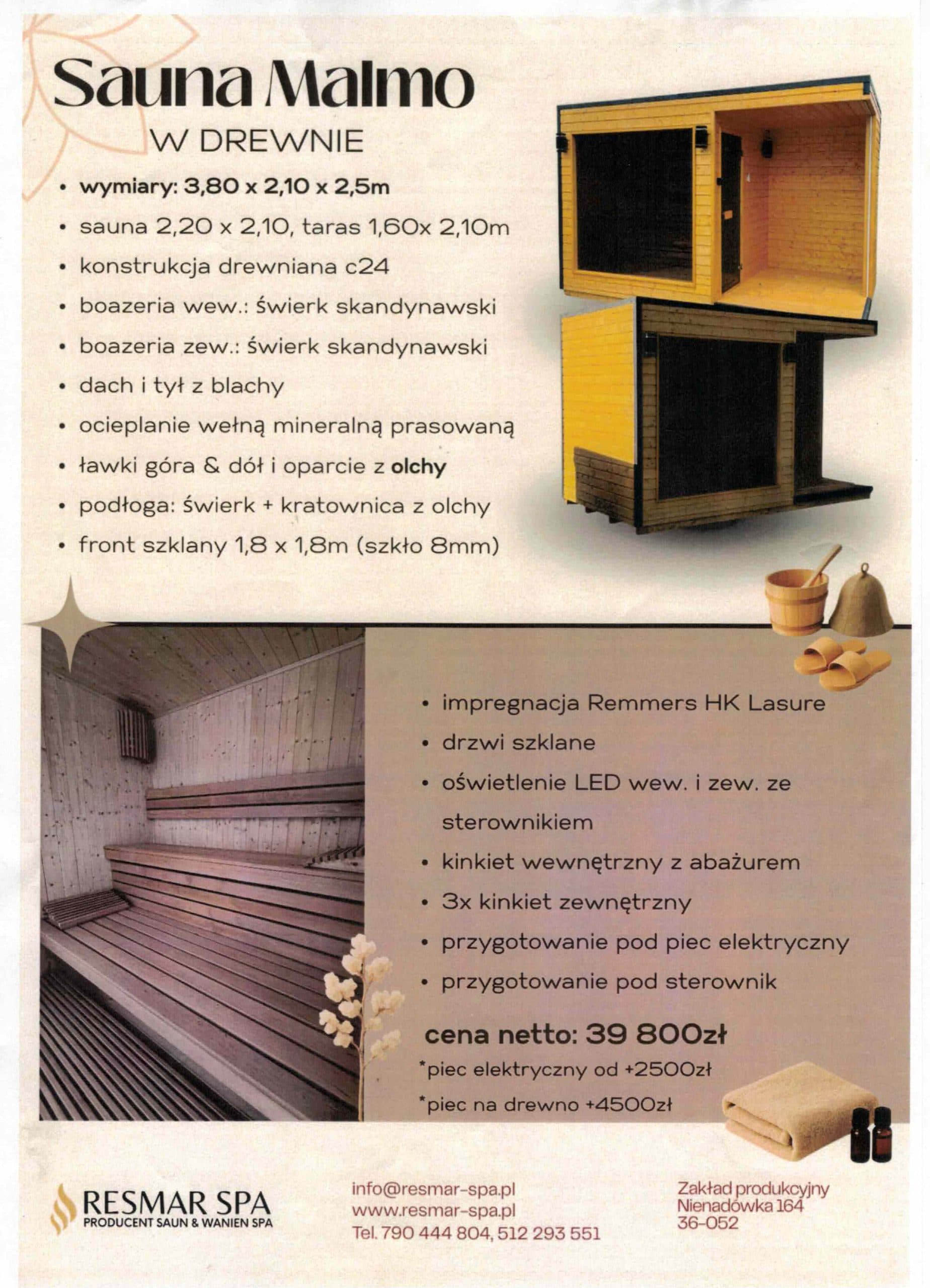 Sauna ogrodowa Malmo z tarasem — 3,80 × 2,10 m — Resmar SPA Zenon Marszał