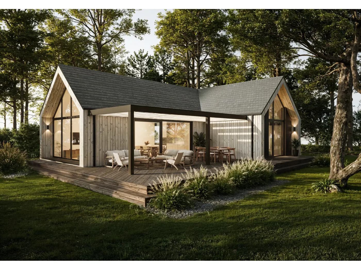 Dom szkieletowy w kształcie L MSNL80 — 13,95 × 10,48 m, ok. 80 m² — Skado Medis UAB