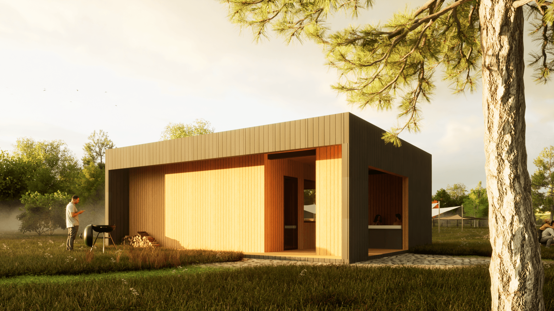Dom modułowy Pasja — 26,80 m² z tarasem 13,82 m² — model domu