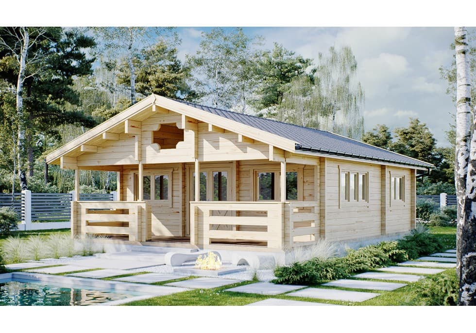 Domek z bala San Diego — 7 × 10 m, 52,3 m² z tarasem 13 m² — model domu