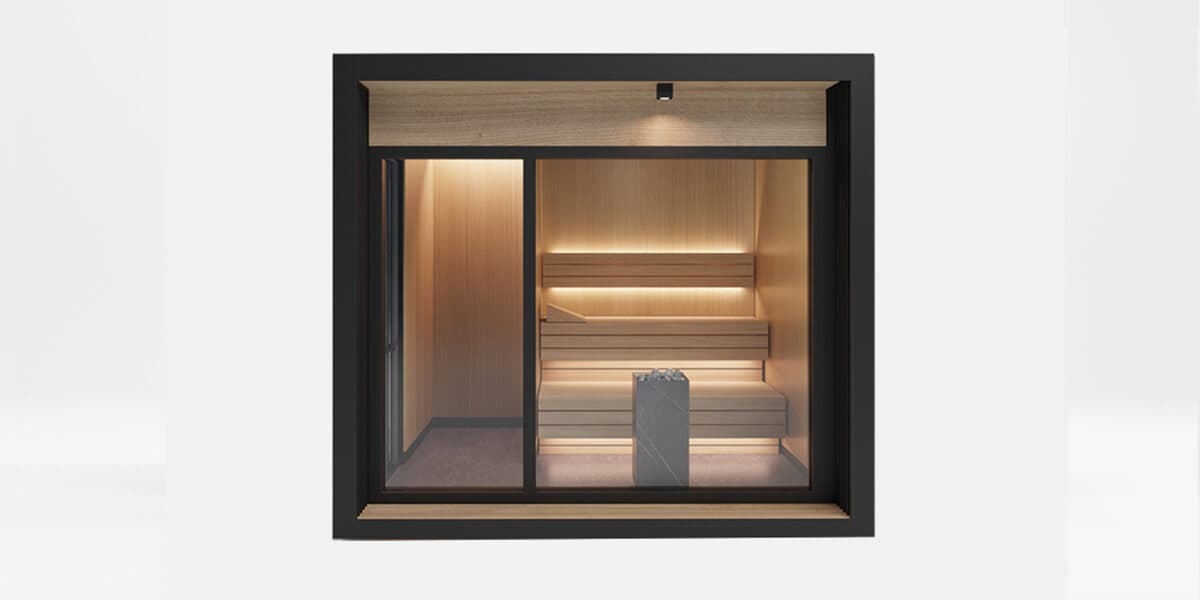 CUBE-HOME Noah — sauna ogrodowa z loggią 2,6 × 2,9 m (wariant II) — Spa ZONE Sp. z o.o. (CUBE-HOME, saunyogrodowe.pl)