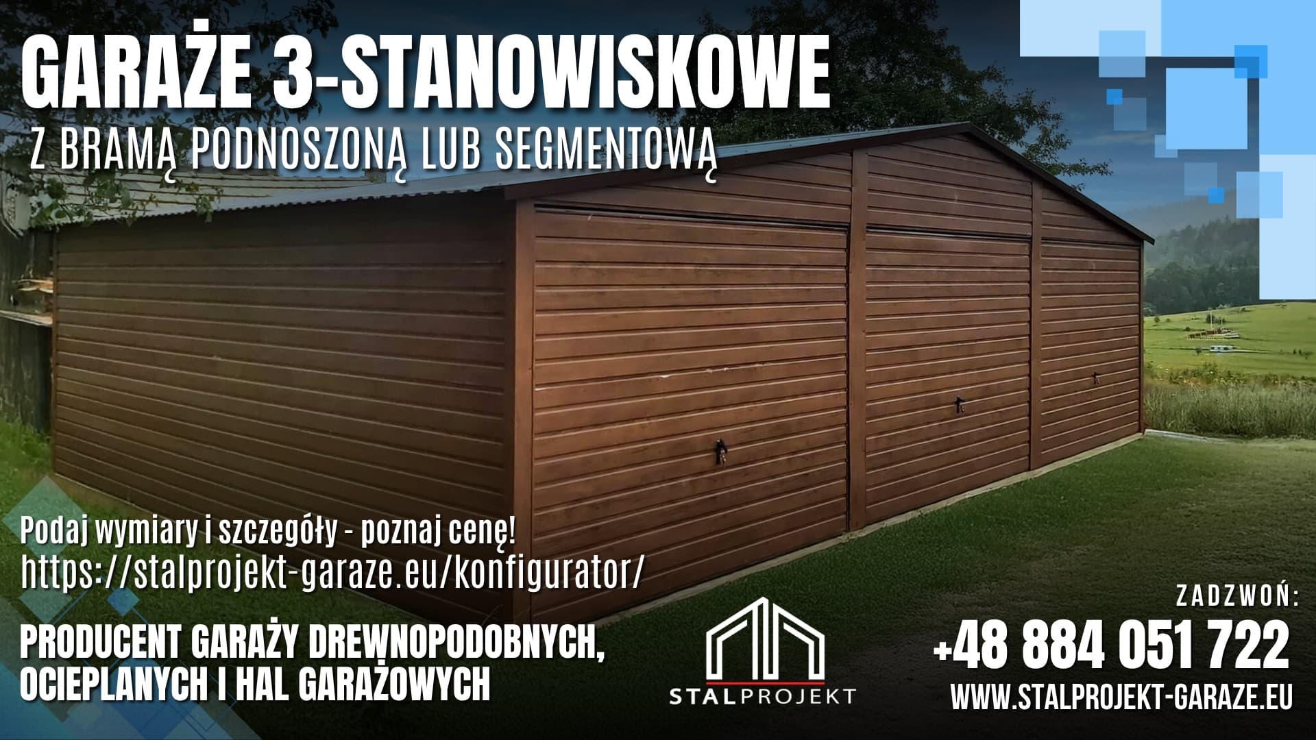 Garaż trzystanowiskowy drewnopodobny 9 × 6 m, orzech — Stal-Projekt Konstrukcje Stalowe Tomasz Florek