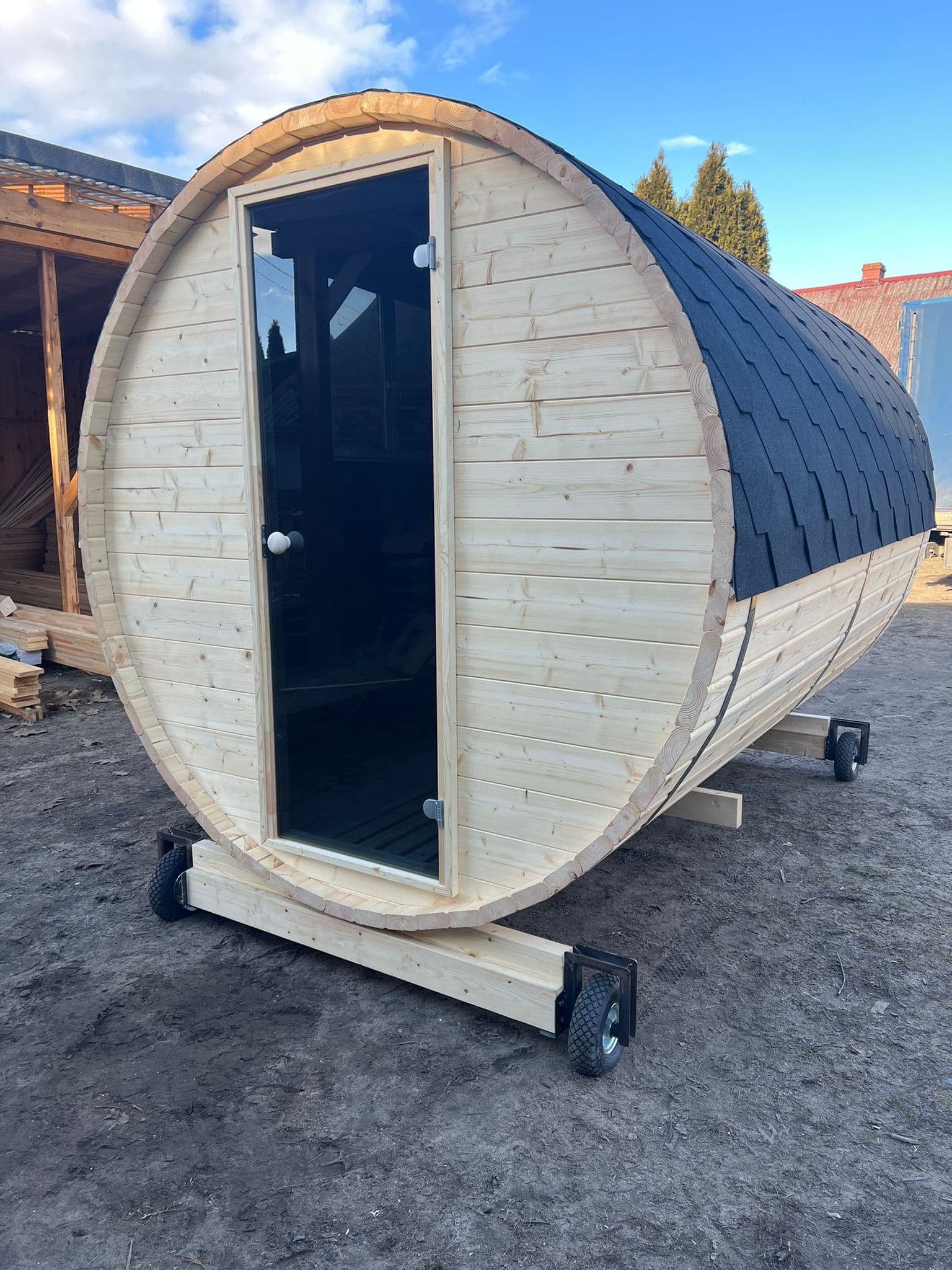 Sauna ogrodowa beczka z piecem elektrycznym Harvia — 3 m — TG Wooden Constructions