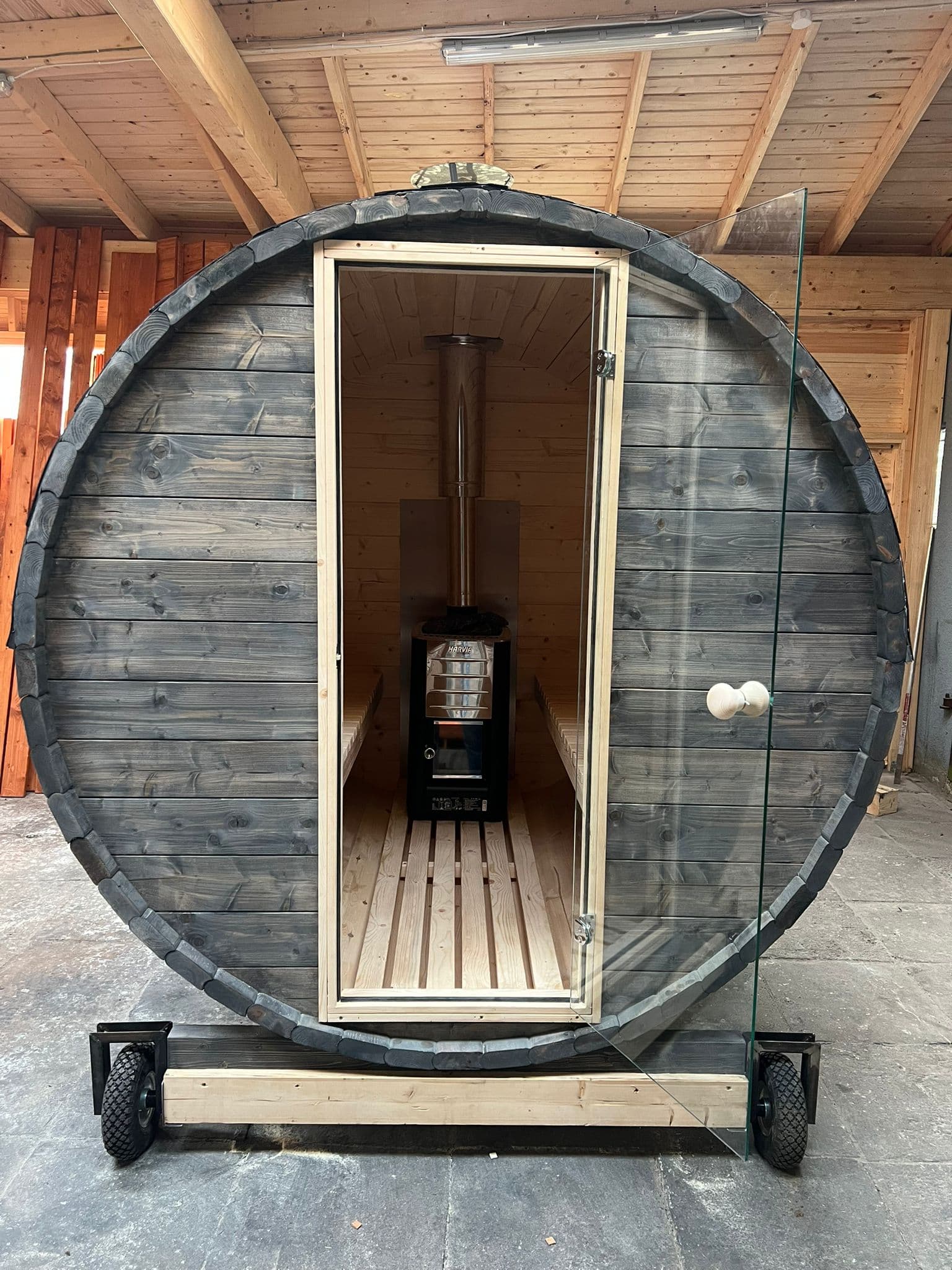 Sauna ogrodowa beczka z piecem na drewno Harvia — 2 m — TG Wooden Constructions
