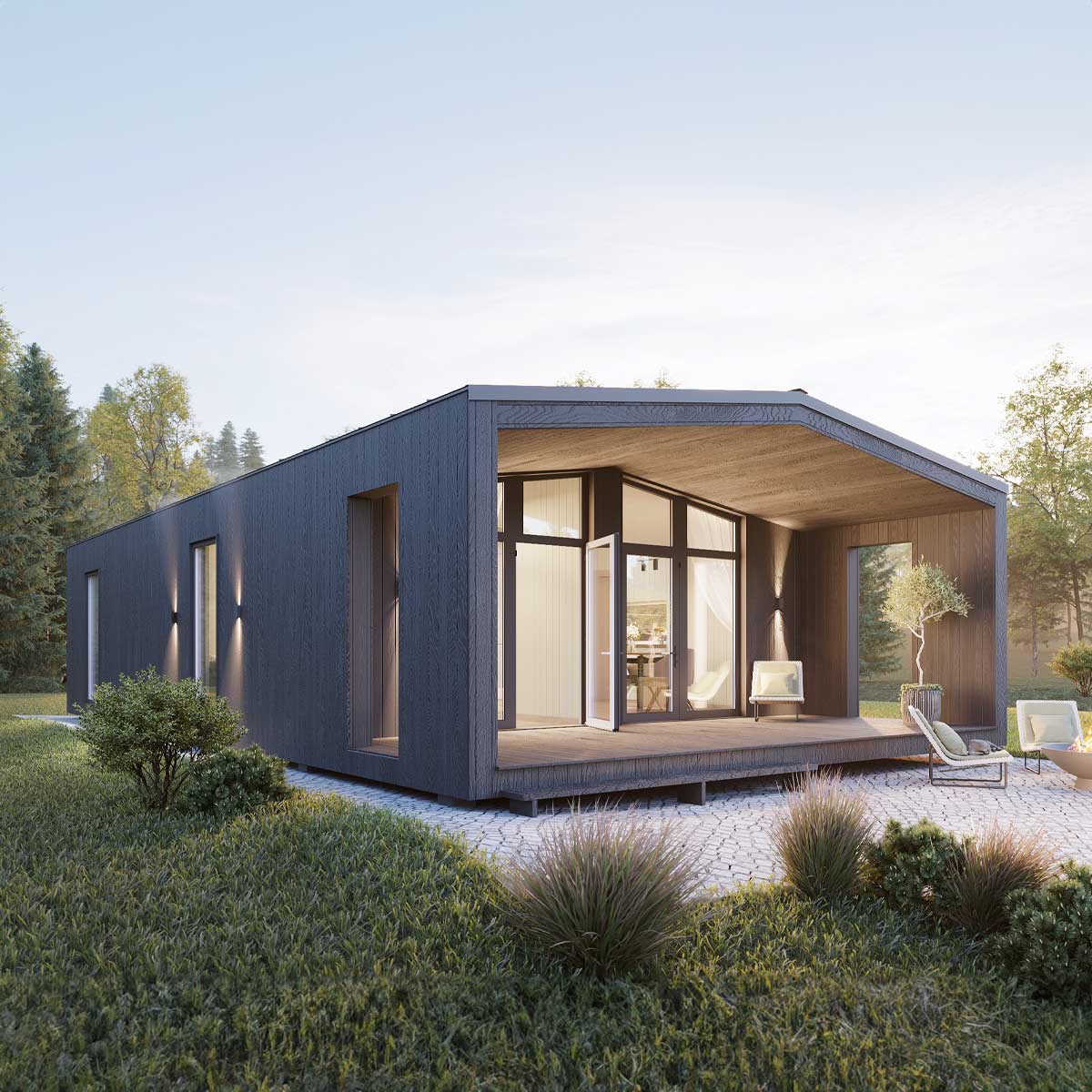 Dom modułowy Naomi z tarasem, 88 m² — TikModul (UAB „Formlita”)