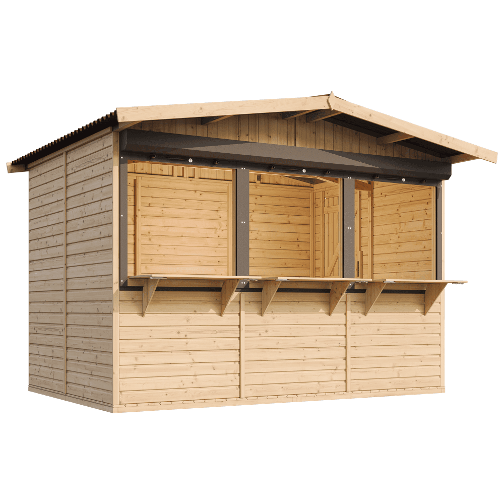 Kiosk handlowy drewniany M150AZ — 303 × 199 cm, 6 m², z roletami — Timbela (UAB Timbela ir Ko)