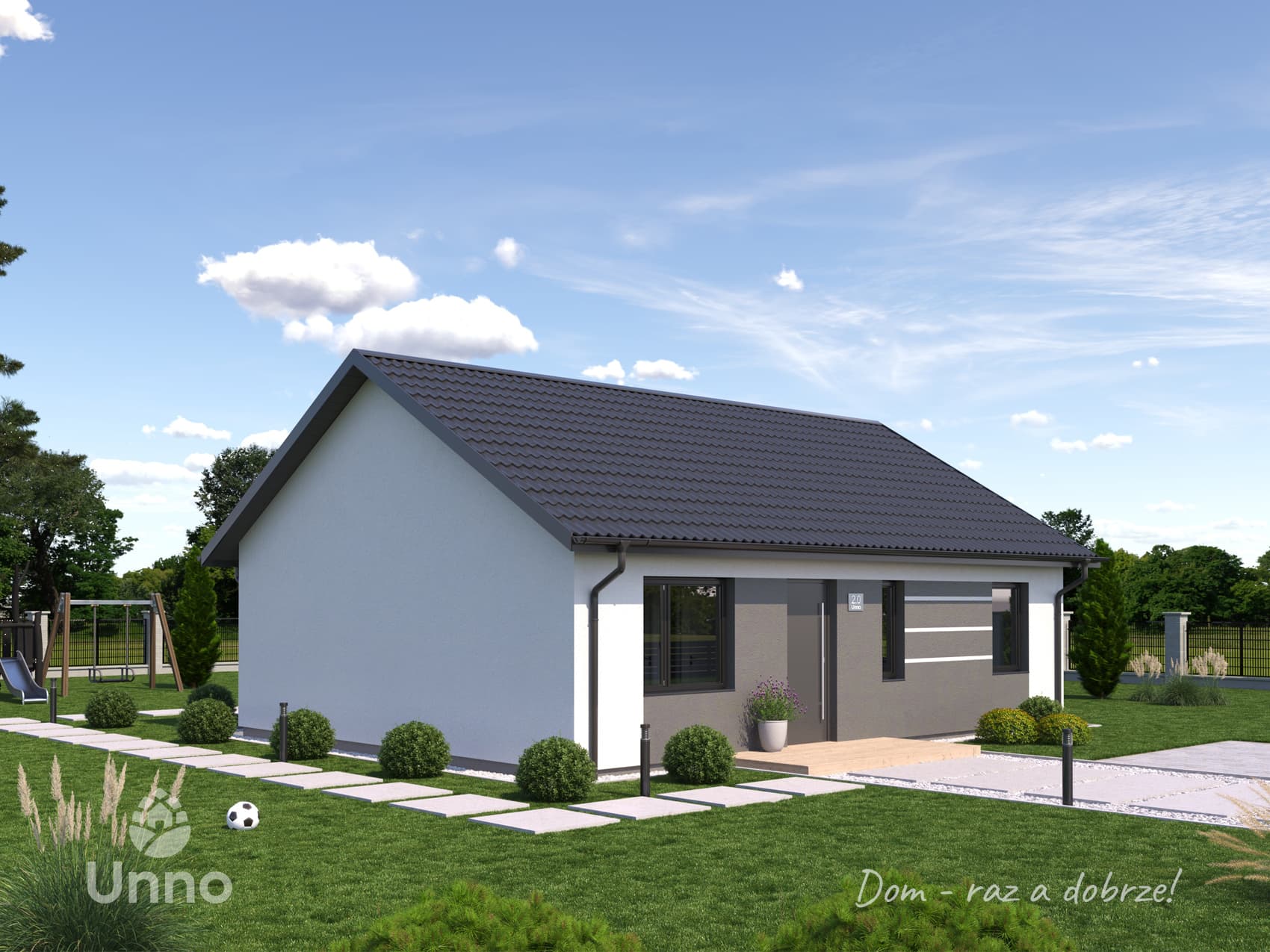 Dom modułowy Unno 2.0 — parterowy, dwie sypialnie, 69 m² — model domu