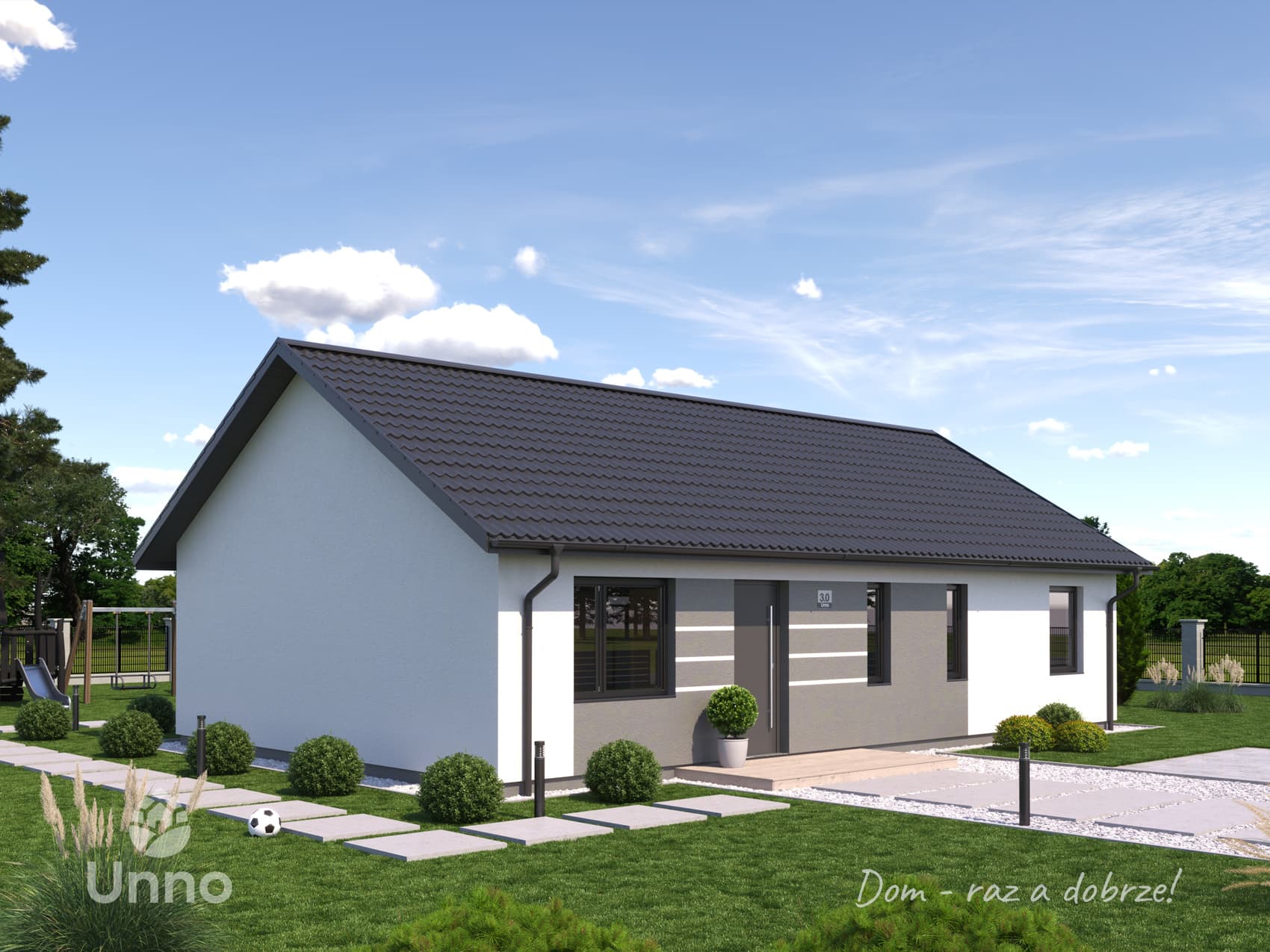 Dom modułowy Unno 3.0 — parterowy, trzy sypialnie, 87 m² — model domu