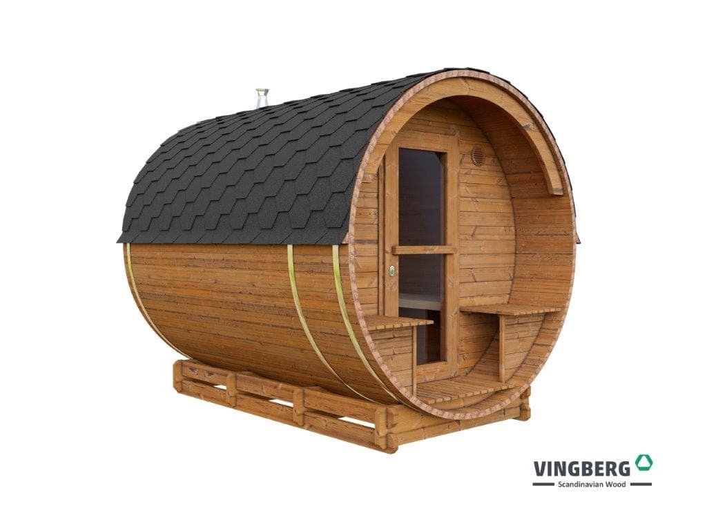 Sauna beczka Akka #280 z tarasem, śr. 225 cm, dł. 280 cm — Vingberg Polska S.A.