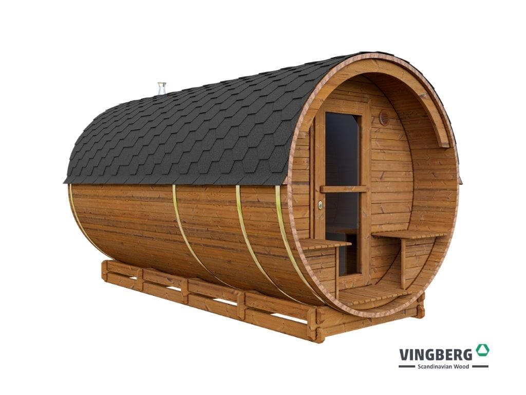 Sauna beczka Akka #420 z przebieralnią i tarasem, śr. 225 cm, dł. 420 cm — Vingberg Polska S.A.