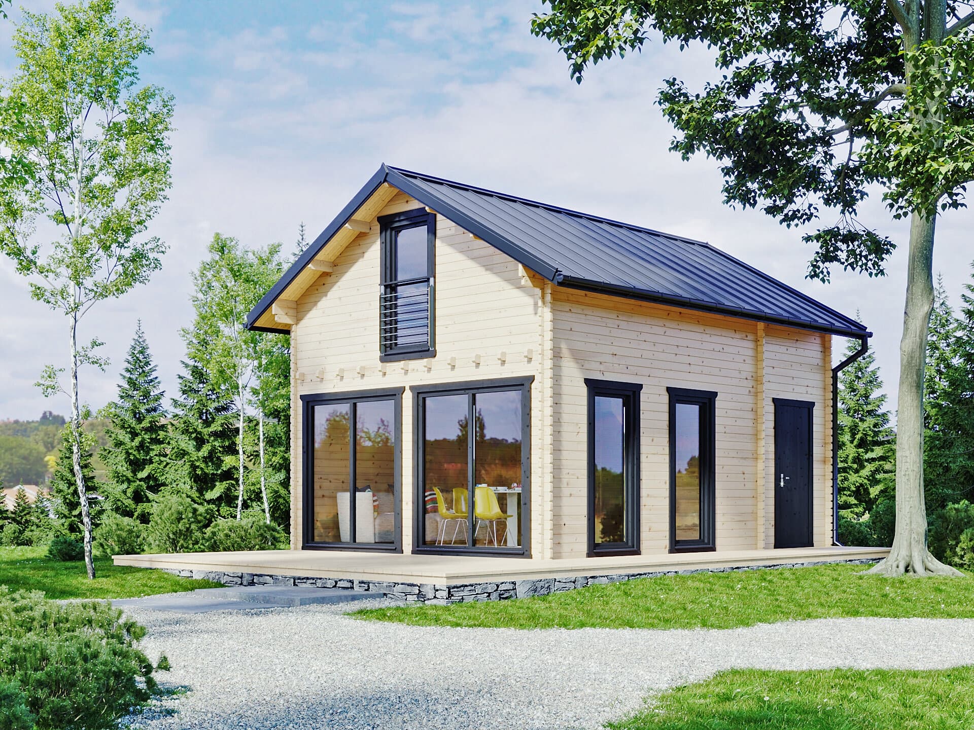Domek z bali DL P1b — 33 + 33 m² z poddaszem — model domu